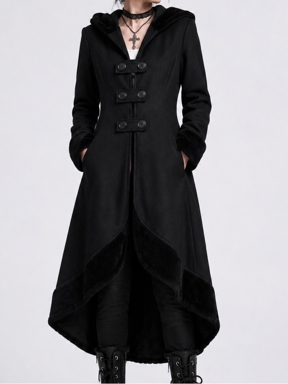 XIAN XIAN Goth Steampunk Hooded High Low Witchy Trench Coat M